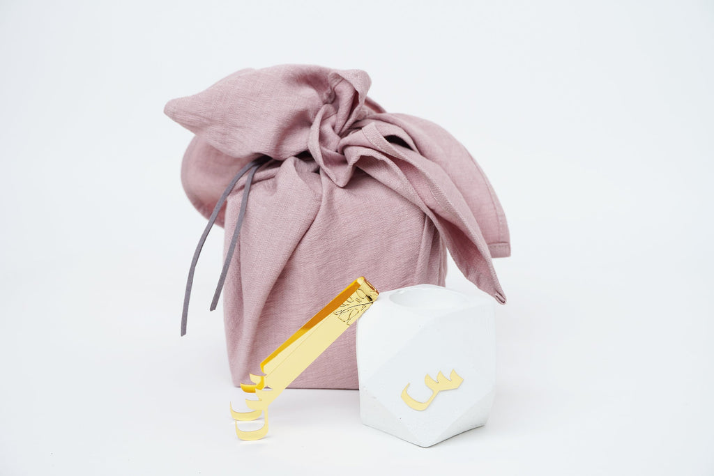 small fabric wrapped Hex letter mubkhar gift | white