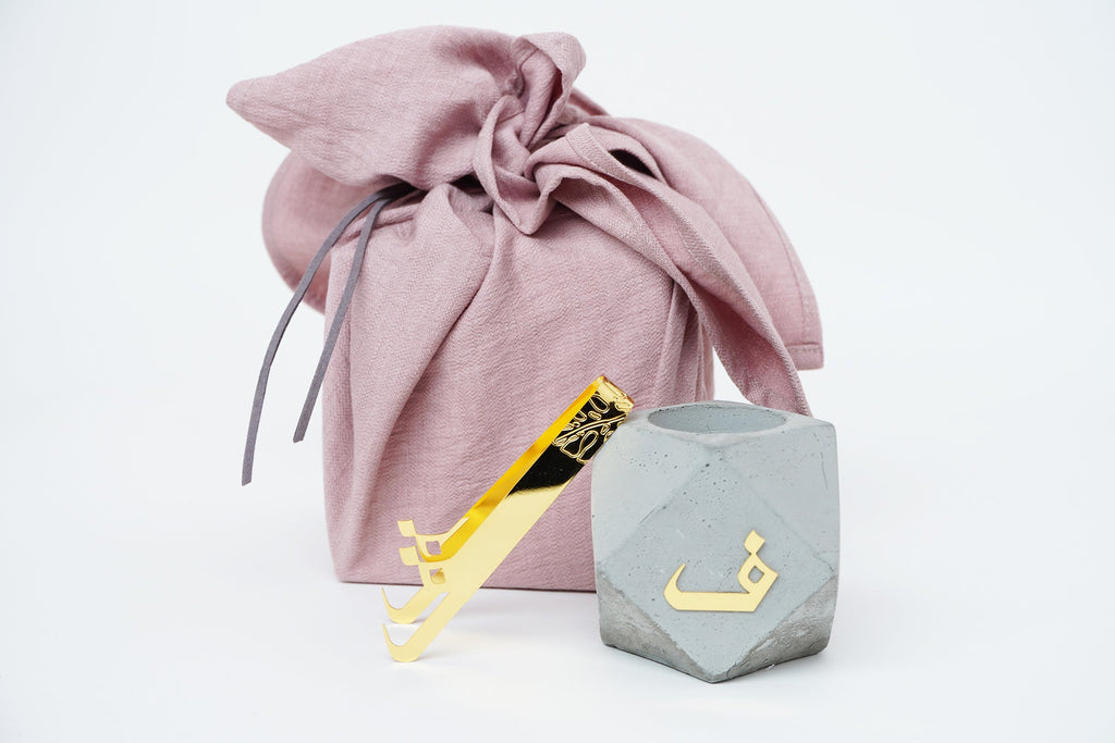 small fabric wrapped Hex letter mubkhar gift | gray